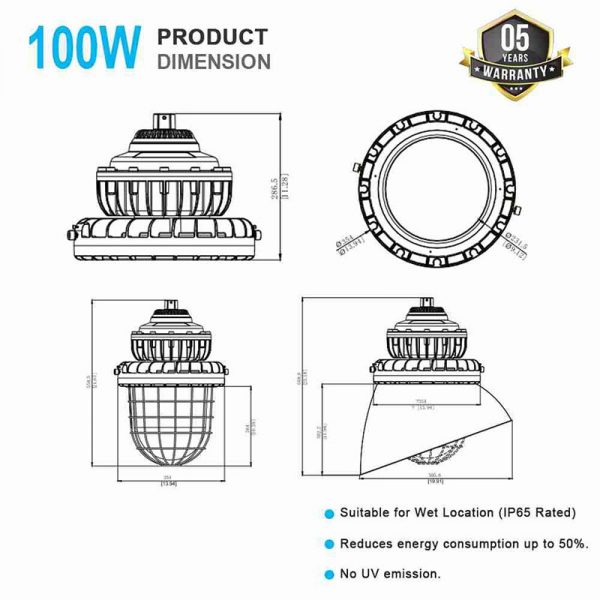 Explosion Proof Led High Bay Lights 100w Ip66 5000k 13,500lm