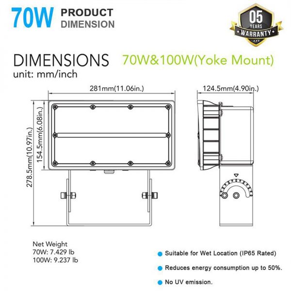 Flood Led 70w 5000k 8,900lm With Ac120 277v For Ground9