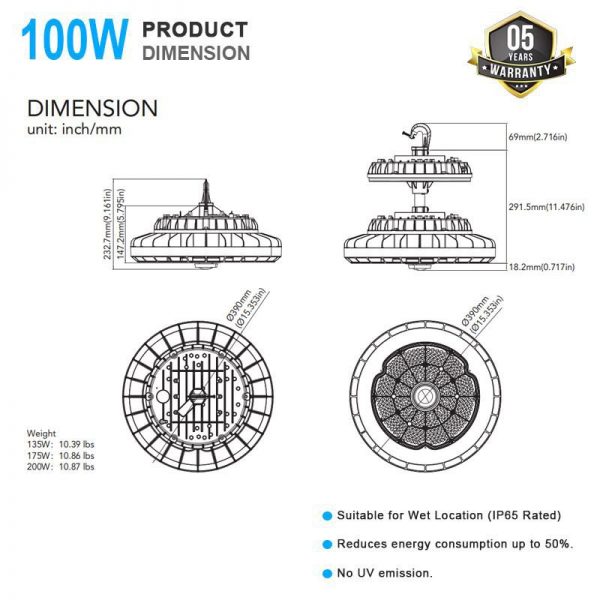 High Bay Ufo Led Lights 100w 14000lm 5000k With Ac347 480v3