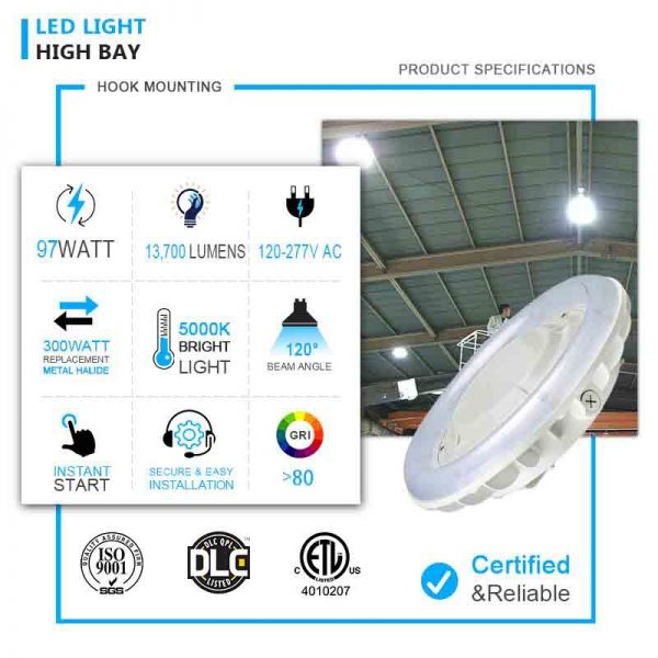 Led Ufo High Bay 97w 13700lm 5000k 100 277vac With U Bracket1