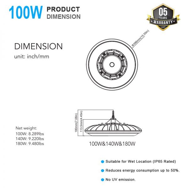 Ufo High Bay Shop Lights 100w 14000lm 347 480vac 5 Years