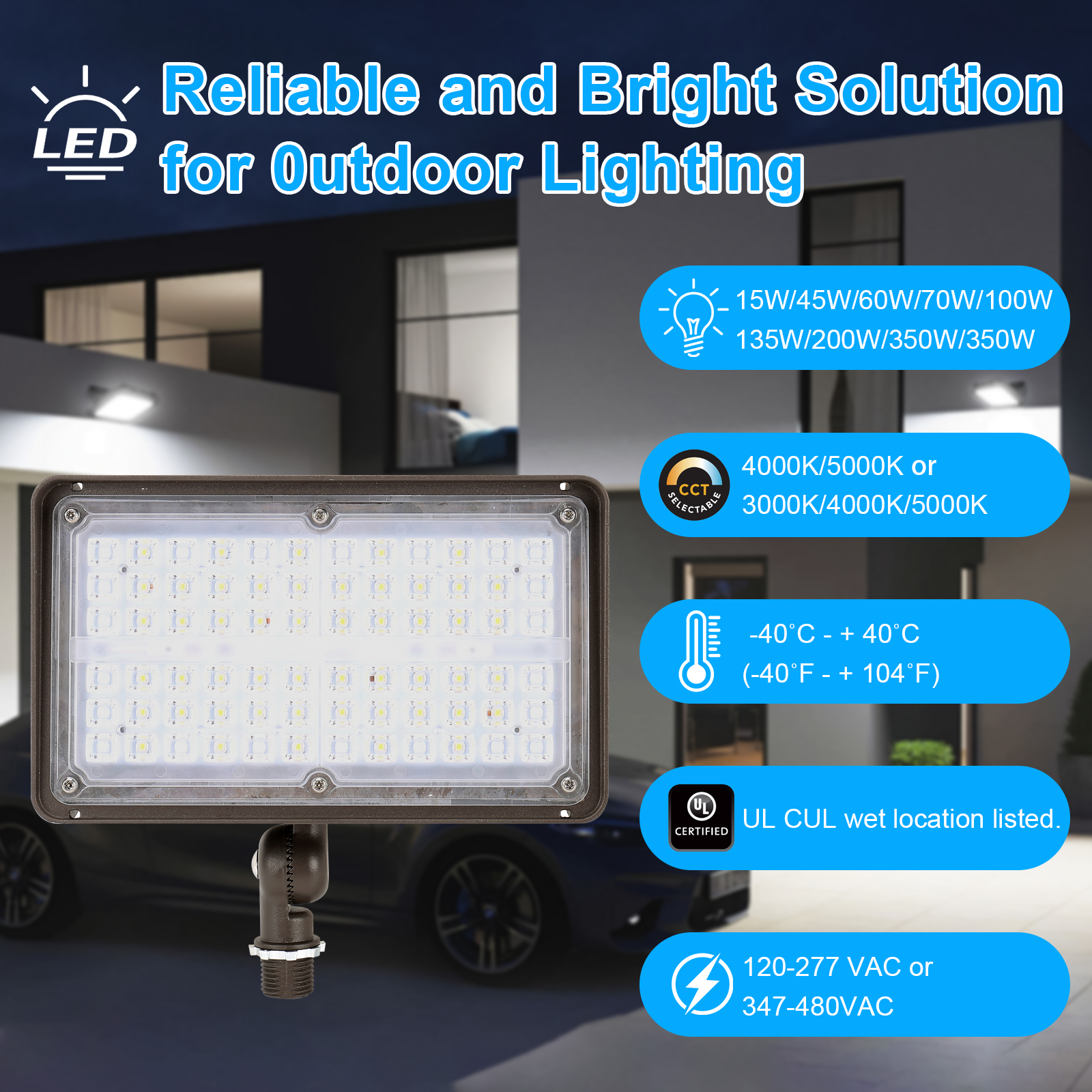 Led Flood Lights 120 277vac 347 480vac Voltage Ip65 Waterproof And Mounting Selectable For Courtyard (7)