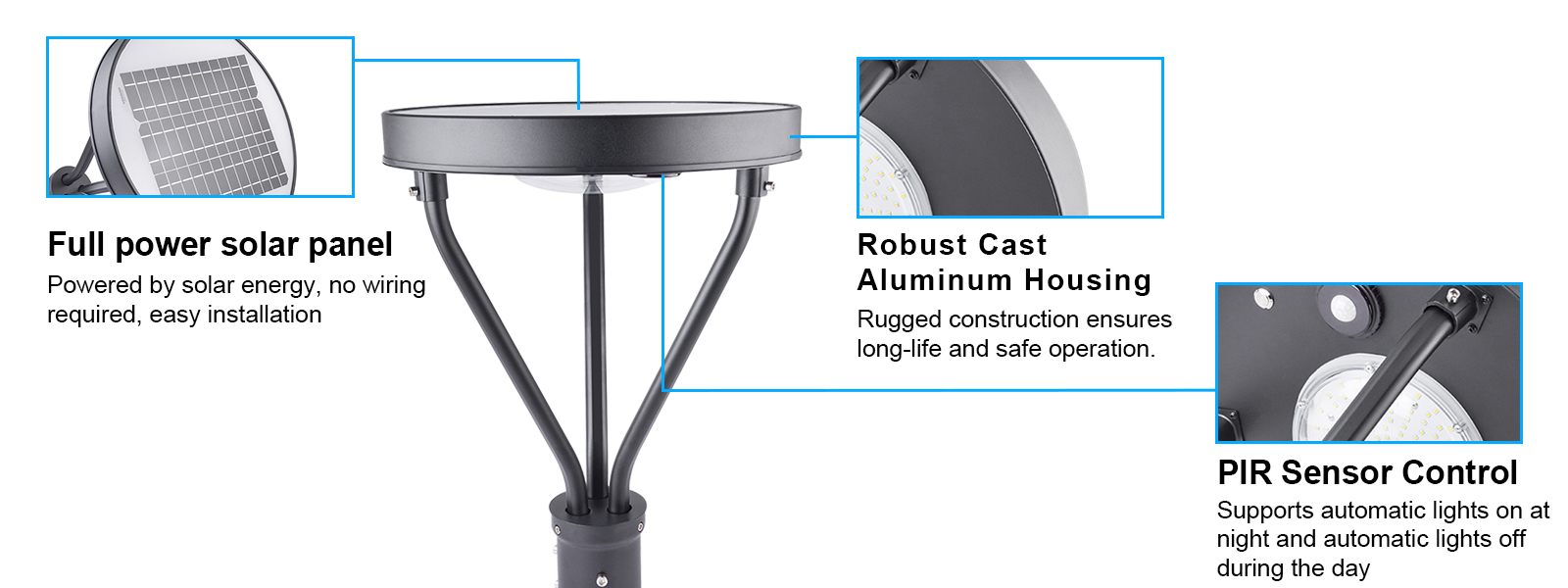 Led Solar Post Top Lights 100 277vac Ip65 And 25w 40w Wattage 5000k With Pir Sensor For Gardens (2)