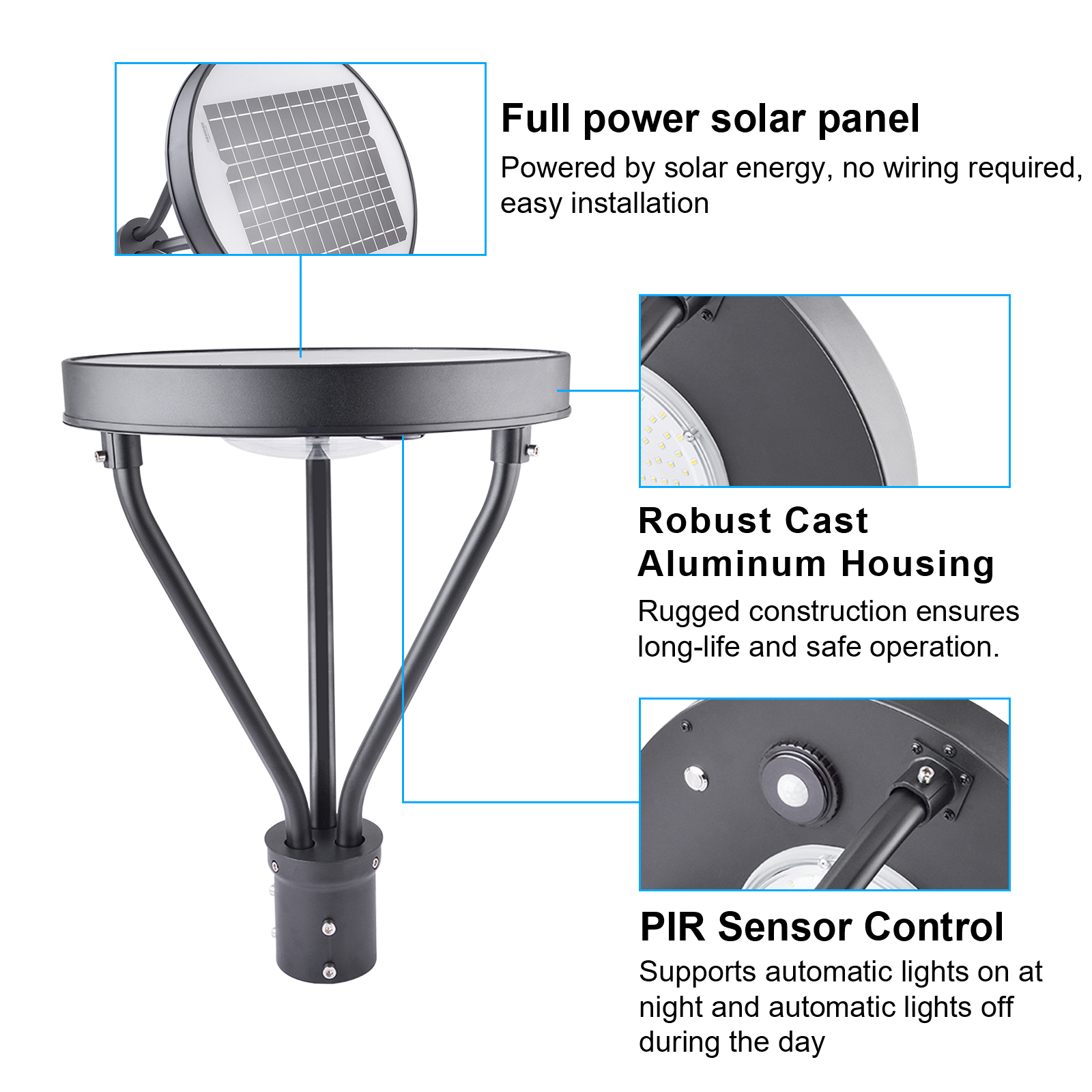 Led Solar Post Top Lights 100 277vac Ip65 And 25w 40w Wattage 5000k With Pir Sensor For Gardens (3)