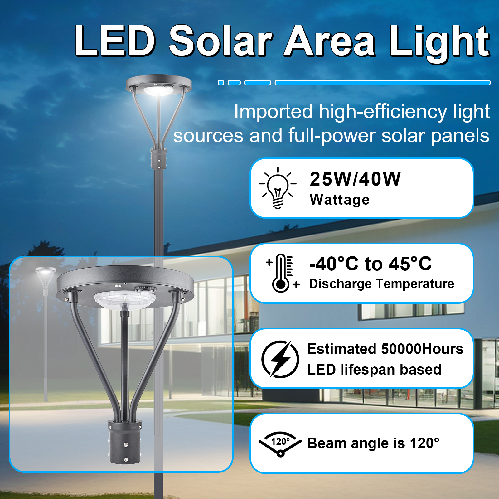 Led Solar Post Top Lights 100 277vac Ip65 And 25w 40w Wattage 5000k With Pir Sensor For Gardens (5)