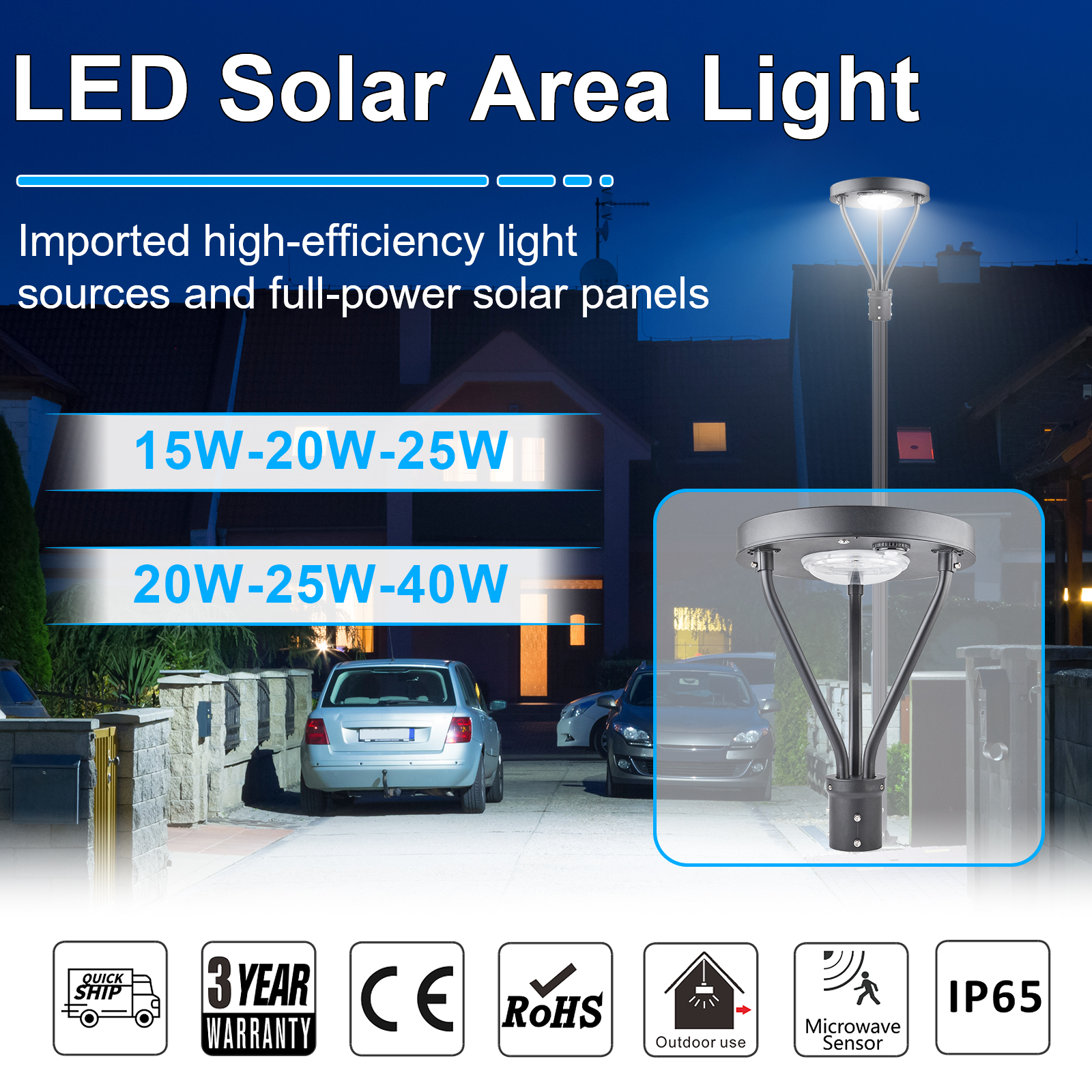 Led Solar Post Top Lights 100 277vac Ip65 And 25w 40w Wattage 5000k With Pir Sensor For Gardens (6)