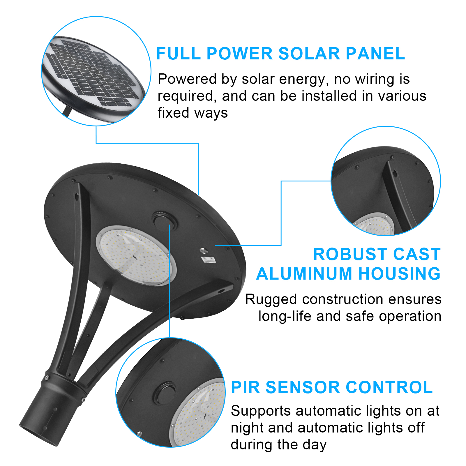 Led Solar Post Top Lights 40w 50w Ip65 Waterproof 5000k With Pir Sensor And Tenon Size 62mm78mm For Gardens (4)