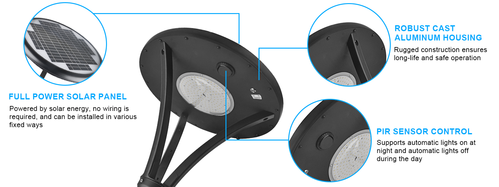 Led Solar Post Top Lights 40w 50w Ip65 Waterproof 5000k With Pir Sensor And Tenon Size 62mm78mm For Gardens (5)