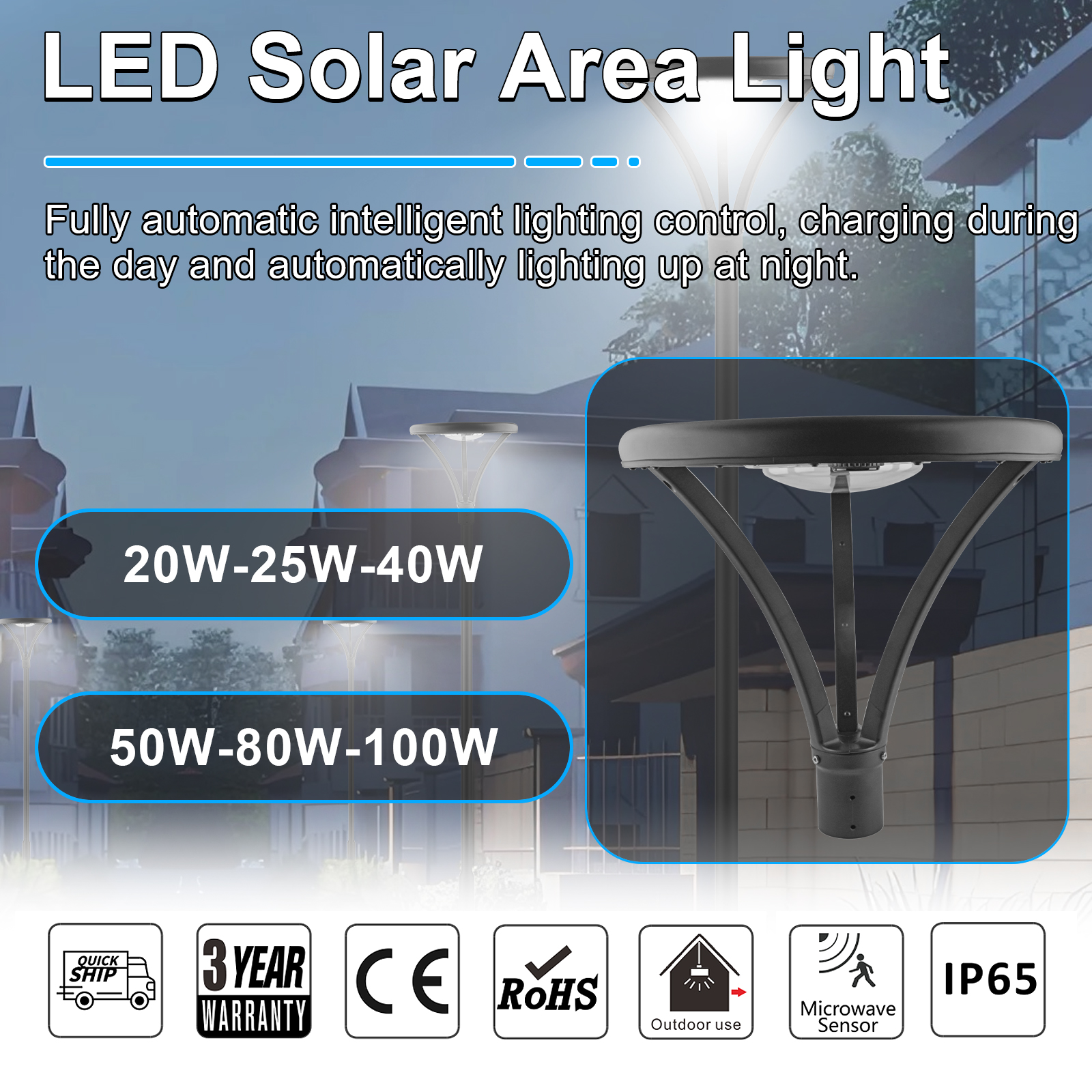 Led Solar Post Top Lights 40w 50w Ip65 Waterproof 5000k With Pir Sensor And Tenon Size 62mm78mm For Gardens (8)