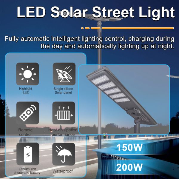 Led Solar Street Lights 150w 200w Ip65 Waterproof 5000k Dusk To Dawn With Pir Sensor For Parking Lots (7)